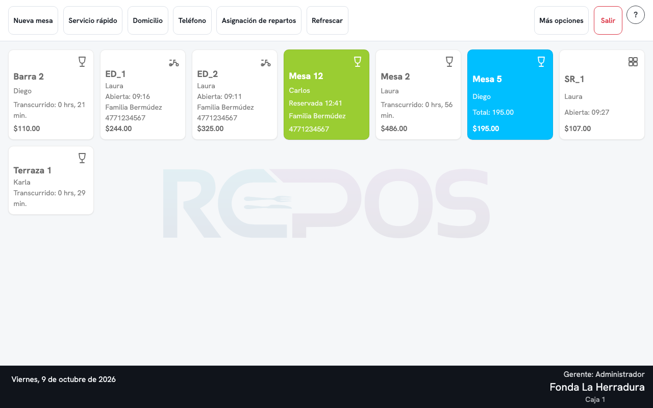 El plano de mesas de Repos: cada mesa con su mesero, su tiempo y su cuenta